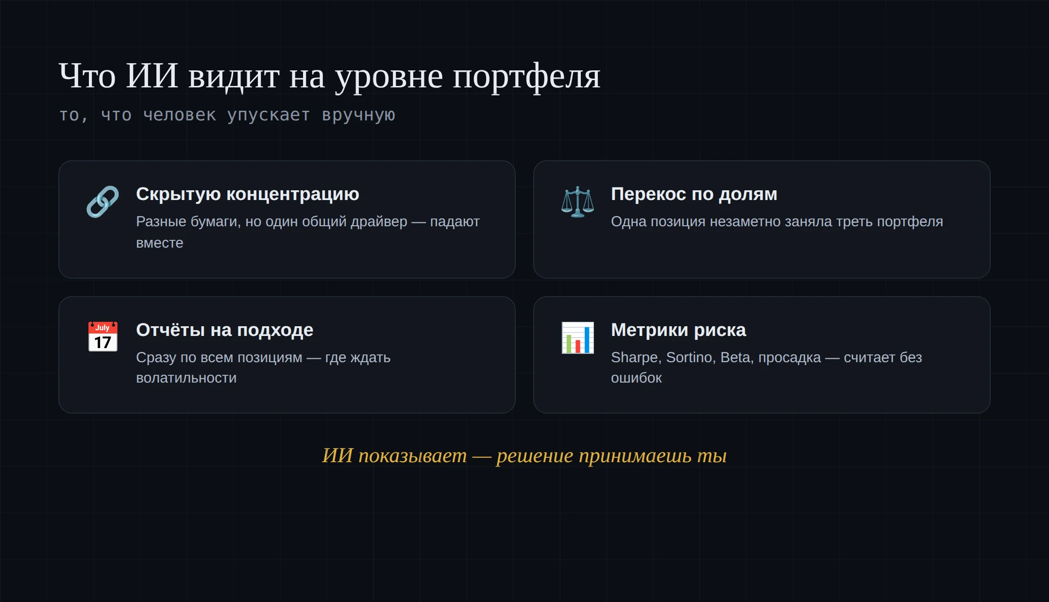 Что ИИ видит на уровне портфеля: концентрация, перекос долей, отчеты, метрики риска